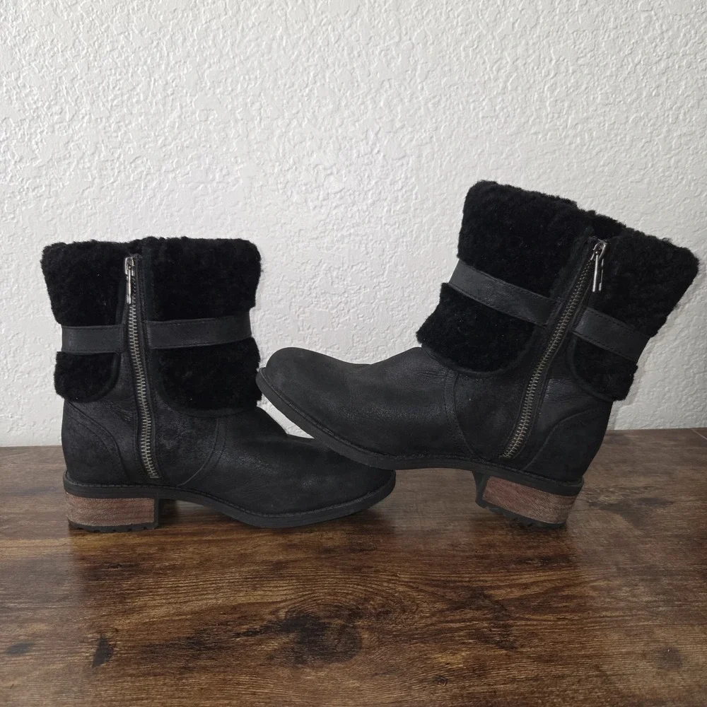 UGG Simmens Boot Women 5.5 Black Waterproof Leather Shearling Moto 1008220